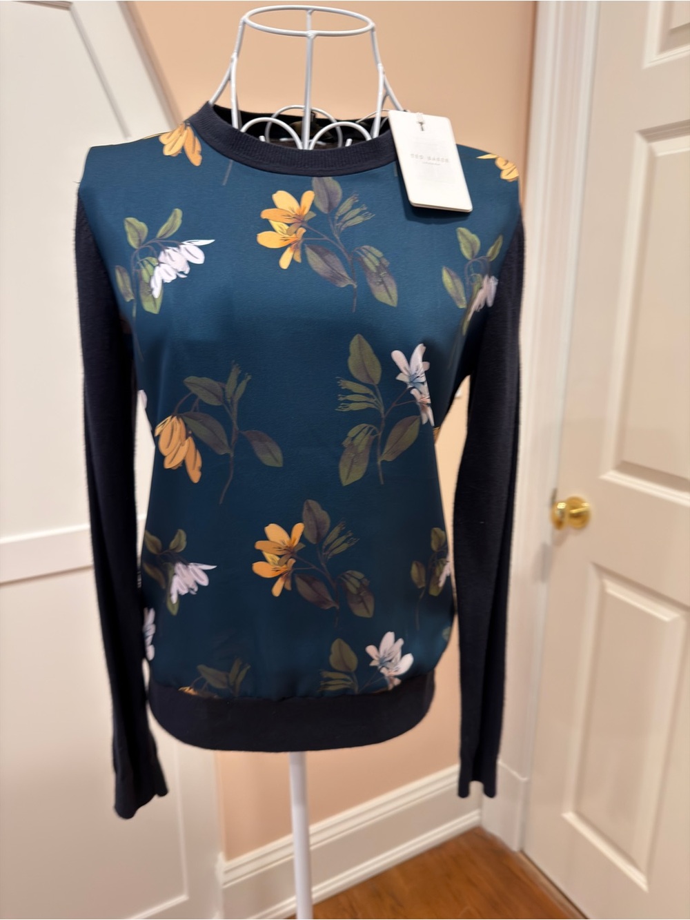 Ted Baker Floral Front Crewneck Sweater in Teal and Navy
